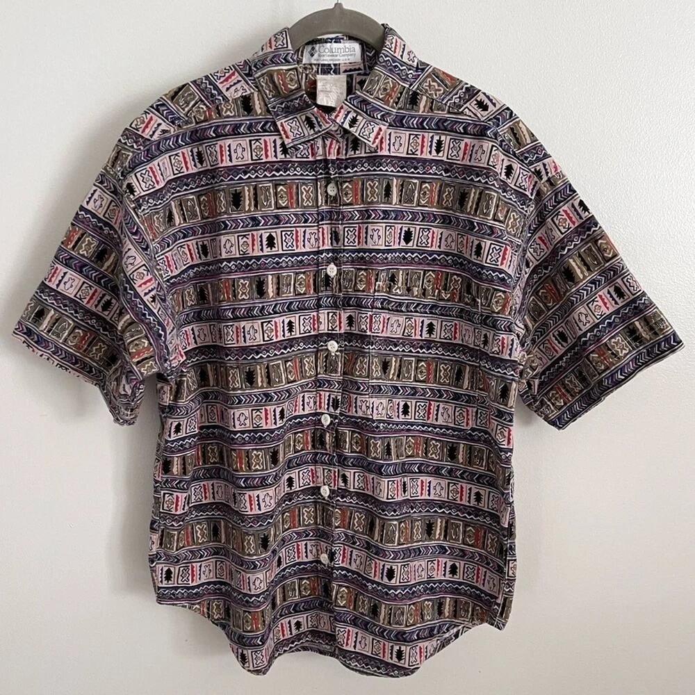 Vtg Columbia Short Sleeve Fish Pine All Over Aztec Print Button Shirt Size M